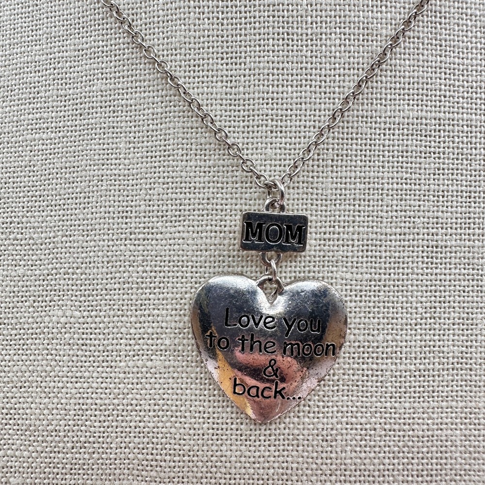 Vintage 90s Mom Heart Necklace Silver Tone Love You To The Moon & Back Fashion